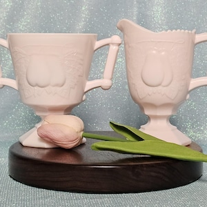 Vintage Jeanette Shell Pink Milk Glass Footed Sugar and Creamer Set, Baltimore Pear