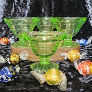 Set of 4 Anchor Hocking Block Optic Green Uranium Depression Glass Sherbet Dishes