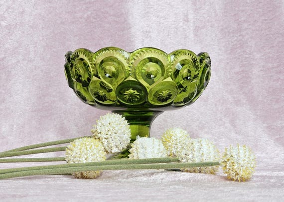 LE Smith Green Moon and Stars Ruffle Edge Footed Candleholder/Candy Dish