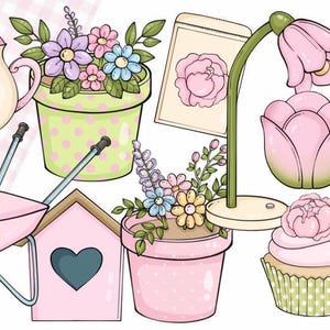 Può includere: Illustrazione a tema giardino con teiera rosa, carriola, vasi di fiori colorati, casetta per uccelli, cupcake e attrezzi da giardinaggio. La tavolozza dei colori è composta da rosa pastello, verde e blu.