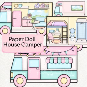 以下が含まれることがあります： 複数の内部ビューを備えた、紙人形のキャンピングカーのカラフルなイラスト。キャンピングカーは主にピンク、ティール、黄色で、ベッド、キッチン、バスルームなどの詳細があります。画像には「Paper Doll House Camper」というテキストが含まれています。
