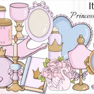 Può includere: Una collezione di oggetti a tema principessa in morbidi colori pastello. L'immagine include un cupcake, una teiera, un flacone di profumo, uno specchio, una borsa e altri oggetti decorativi. Il testo "Items Princess Collection" è visibile.