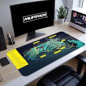Mouse Pad Cyberpunk 2077 com Mapa da Cidade Noturna – Tapete de Mesa Futurista para Jogos, Estampa de Layout da Cidade Cibernética, Presente para Jogadores, Decoração Neon