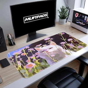 Alfombrilla de ratón con diseño de gato kawaii y flores, con estampado de gato, en diferentes tamaños, para juegos, personalizada, para juegos, anime y escritorio.