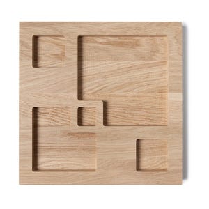 Op de afbeelding: Een houten dienblad met vijf rechthoekige uitsparingen in verschillende maten. Het dienblad is gemaakt van lichtbruin hout en heeft een gladde afwerking.