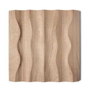 May include: A light brown wood wall panel with a wavy, textured surface. The panel is made of natural wood and has a rustic, organic look.