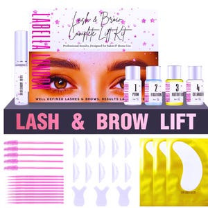 May include: A complete lash and brow lift kit with multiple bottles labeled 1 through 4, applicators, and eye pads. The kit includes bottles labeled "Perm", "Fixation", "Nutrition", and "Cleanser". The box reads "Lash & Brow Complete Lift Kit".