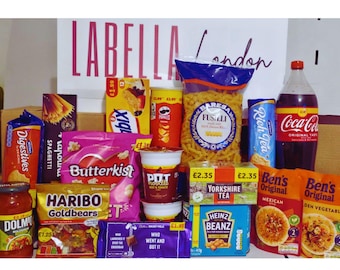 May include: A collection of packaged grocery items, including pasta, snacks, and beverages. Brands like Coca-Cola, Pringles, and Haribo are visible. The word "Labella London" is displayed in the background.