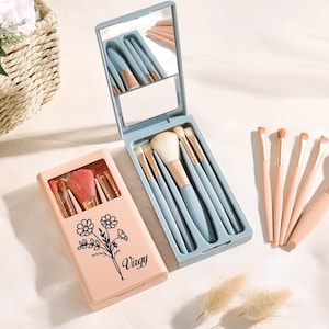 Personalized Makeup Brush Set with Engraved Travel Box, Vegan Cosmetic Brushes