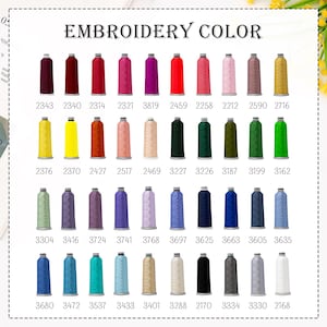 May include: A colour chart showing a selection of embroidery thread spools. The text "EMBROIDERY COLOUR" is at the top. The spools are arranged in rows and columns, displaying a wide range of colours with corresponding numbers.