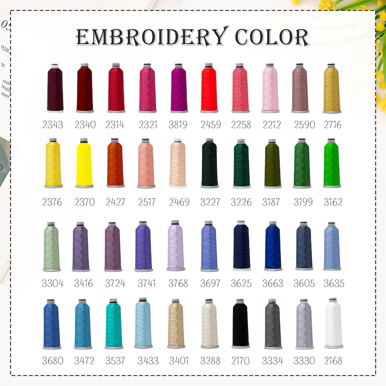 May include: A colour chart showing a selection of embroidery thread spools. The text "EMBROIDERY COLOUR" is at the top. The spools are arranged in rows and columns, displaying a wide range of colours with corresponding numbers.