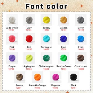 May include: A color chart titled "Font color" displays a variety of colors with corresponding names and codes. Colors include jade white, gray, yellow, golden, silver, pink, red, turquoise, blue, cyan, purple, apple green, Christmas green, bamboo green, cocoa brown, bronze, pumpkin orange, magenta, and black.