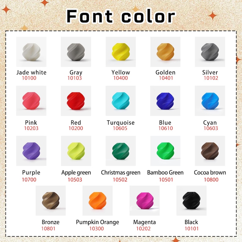 May include: A color chart titled "Font color" displays a variety of colors with corresponding names and codes. Colors include jade white, gray, yellow, golden, silver, pink, red, turquoise, blue, cyan, purple, apple green, Christmas green, bamboo green, cocoa brown, bronze, pumpkin orange, magenta, and black.