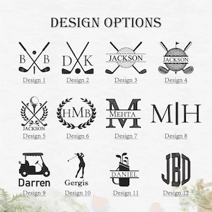 May include: A selection of golf-themed designs featuring crossed golf clubs, golf balls, initials, and a golf cart. Text includes names such as "Jackson", "Darren", and "Gergis".