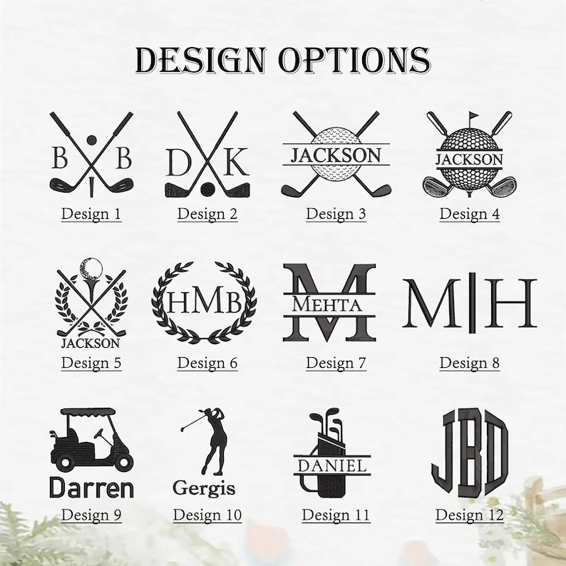 May include: A selection of golf-themed designs featuring crossed golf clubs, golf balls, initials, and a golf cart. Text includes names such as "Jackson", "Darren", and "Gergis".