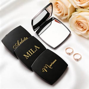 Personalized Engraved Compact Mirror, Matte Black Pocket Makeup Mirror, Dual Magnification, Bridesmaid Gift