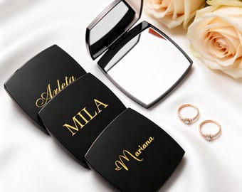 Personlig graverad kompaktspegel, mattsvart fickspegel med smink, dubbel förstoring, brudtärnepresent