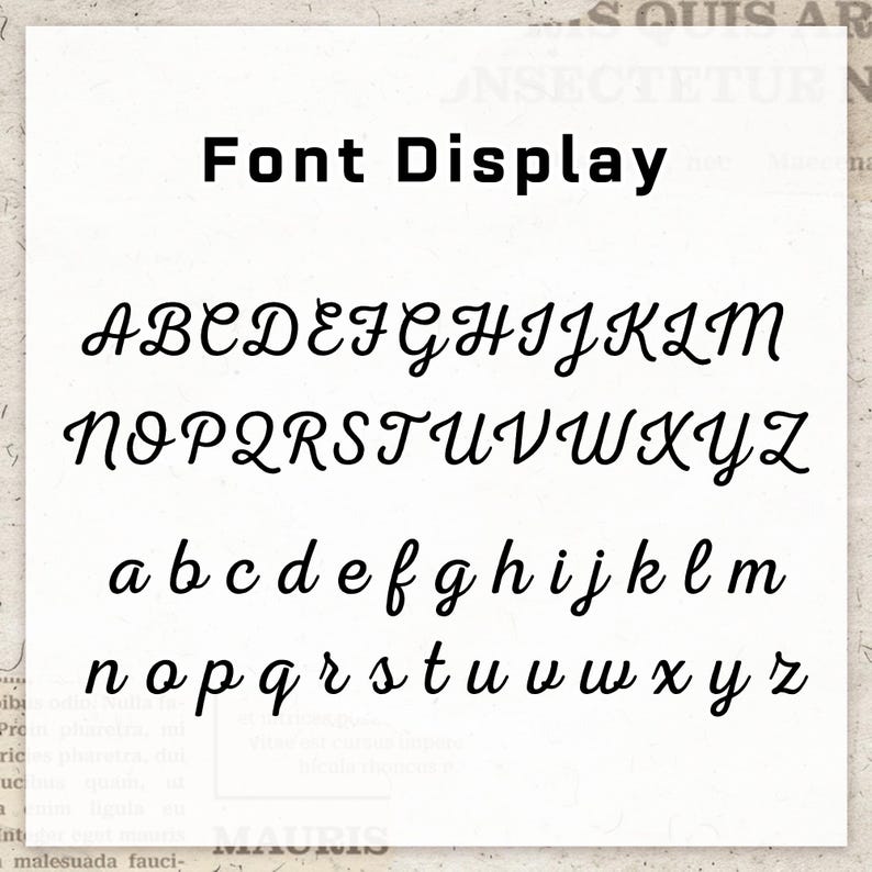 May include: A white background displays the text "Font Display" in black, above the alphabet in uppercase and lowercase, showcasing a cursive font style. The letters are in black.