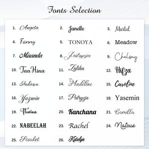Puede incluir: Sobre un fondo blanco, una selecci&oacute;n de fuentes presenta 26 nombres, cada uno en un estilo de fuente diferente. Los nombres, numerados, incluyen "Angela", "Janelle", "Martul", y otros, mostrando estilos.