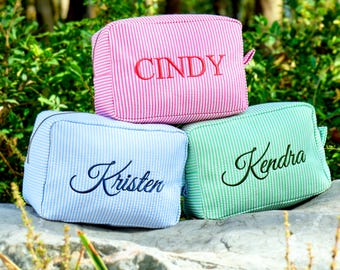 Embroidered Seersucker Makeup Bag, Personalized Bridesmaid Cosmetic Pouch