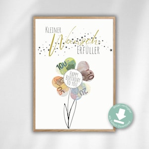 Könnte beinhalten: Ein gerahmter Druck mit einem Blumendesign aus Euro-Banknoten. Die Blütenblätter der Blume sind verschiedene Stückelungen, mit einem zentralen Kreis mit der Aufschrift "HAPPY BIRTHDAY TO YOU". Der Text "KLEINER WUNSCH ERFÜLLER" steht in goldener Schrift über der Blume.