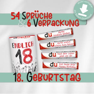 以下が含まれることがあります： 「ENDLICH 18」と18の数字が書かれた白と赤の容器が入った誕生日をテーマにしたギフトセット。画像には、ドイツ語のテキストが入った4つのチョコレートバーと、「18. GEBURTSTAG」と書かれた緑色のバナーも含まれています。