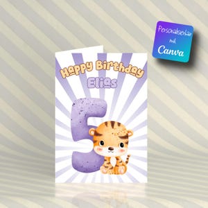 Carte d'anniversaire pour enfant de 5 ans – carte bébé animal personnalisable – PDF à imprimer – Modèle DIY de tante, oncle, grand-mère, parrains et marraines
