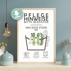 Könnte beinhalten: Ein gerahmter Druck mit deutschem Text über die Wäschepflege. Das Kunstwerk zeigt eine Grafik eines Waschbeckens mit einem 100-Euro-Schein. Darunter befinden sich Wäschezeichen für Handwäsche, nicht bügeln und nicht schleudern.