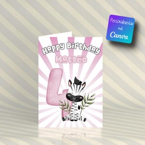 Carte d'anniversaire pour enfant de 4 ans – carte bébé animal personnalisée – PDF à imprimer – Modèle DIY de tante, oncle, grand-mère, parrains et marraines