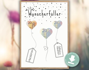 May include: A framed print with the German text "Wunscherfüller" and heart-shaped balloons made of Euro banknotes. The print includes tags with German words and a download icon.