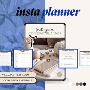 Könnte beinhalten: Ein Instagram-Content-Planer mit schwarzem Rahmen, der ein Telefon, eine Kaffeetasse und verschiedene Planungsseiten zeigt. Der Text "insta planner" und "Instagram CONTENT PLANNER" sind sichtbar. Die Etsy-Shop-URL wird ebenfalls angezeigt.
