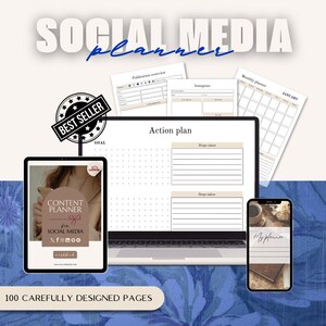 Op de afbeelding: Een digitale social media planner met de tekst "SOCIAL MEDIA Planner" in wit en blauw. De afbeelding bevat een laptop, tablet en smartphone met plannerpagina's. Er is ook een "BEST SELLER" badge aanwezig. De tekst "100 CAREFULLY DESIGNED PAGES" staat onderaan.