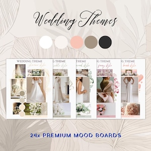 May include: A digital mood board featuring wedding themes. The image showcases various styles, including glamour, subtle, minimal, fancy, and beach themes. The text "Wedding Themes" and "24x PREMIUM MOOD BOARDS" are visible.