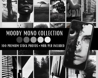 Moody Mono Collection | 100 Stock Photos MRR PLR | Black & White Aesthetics | Instagram Post Faceless Reel Cover Web Blog Digital Marketing