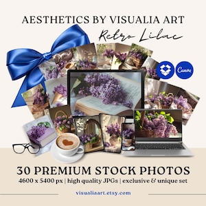 Könnte beinhalten: Ästhetisches digitales Kunstpaket mit einer blauen Schleife, einem Tablet, einem Laptop und mehreren anderen Geräten, die Bilder von lila Flieder anzeigen. Der Text lautet "Aesthetics by Visualia Art" und "Retro Lilac". Das Paket enthält 30 Premium-Stockfotos.
