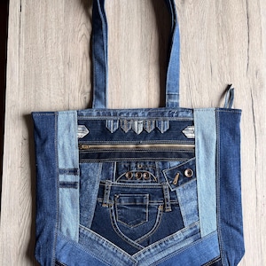 Handgemachte Upcycling Jeans Tasche  – Große Denim Patchwork Tote Bag – Recycelte Jeans Schultertasche – Nachhaltige Handmade Tasche Unikat