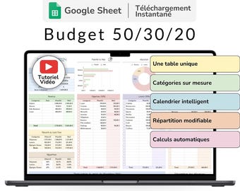 May include: A laptop screen displaying a Google Sheet spreadsheet with a budget template titled "Budget 50/30/20". The spreadsheet includes categories for income and expenses, with a pie chart showing an allocation of funds. The image also includes a play button with the text "Tutorial Video" and a list of features: "Une table unique", "Catégories sur mesure", "Calendrier intelligent", "Répartition modifiable", and "Calculs automatiques".