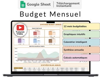 Puede incluir: Una pantalla de computadora portátil que muestra una plantilla de Google Sheet para un presupuesto mensual. La plantilla incluye un video tutorial, gráficos y un calendario. El texto en la pantalla dice "Budget Mensuel", "SYNTHÈSE BUDGET ANNUEL", "12 mois budgétables", "Graphiques intuitifs", "Calendrier intelligent", "Synthèse annuelle", "Calculs automatiques" y "SYNTHÈSE BILAN ANNUEL".