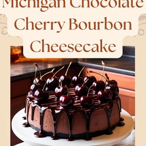 May include: A chocolate cherry bourbon cheesecake topped with a chocolate glaze and fresh cherries. The cheesecake is on a white cake stand.