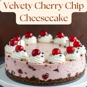 Velvety Cherry Chip Cheesecake Recipe, Homemade Cheesecake, Cherry Chip Dessert, Easy Dessert Recipe, Sweet Treat, Baking Recipe