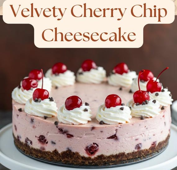 Velvety Cherry Chip Cheesecake Recipe, Homemade Cheesecake, Cherry Chip Dessert, Easy Dessert Recipe, Sweet Treat, Baking Recipe
