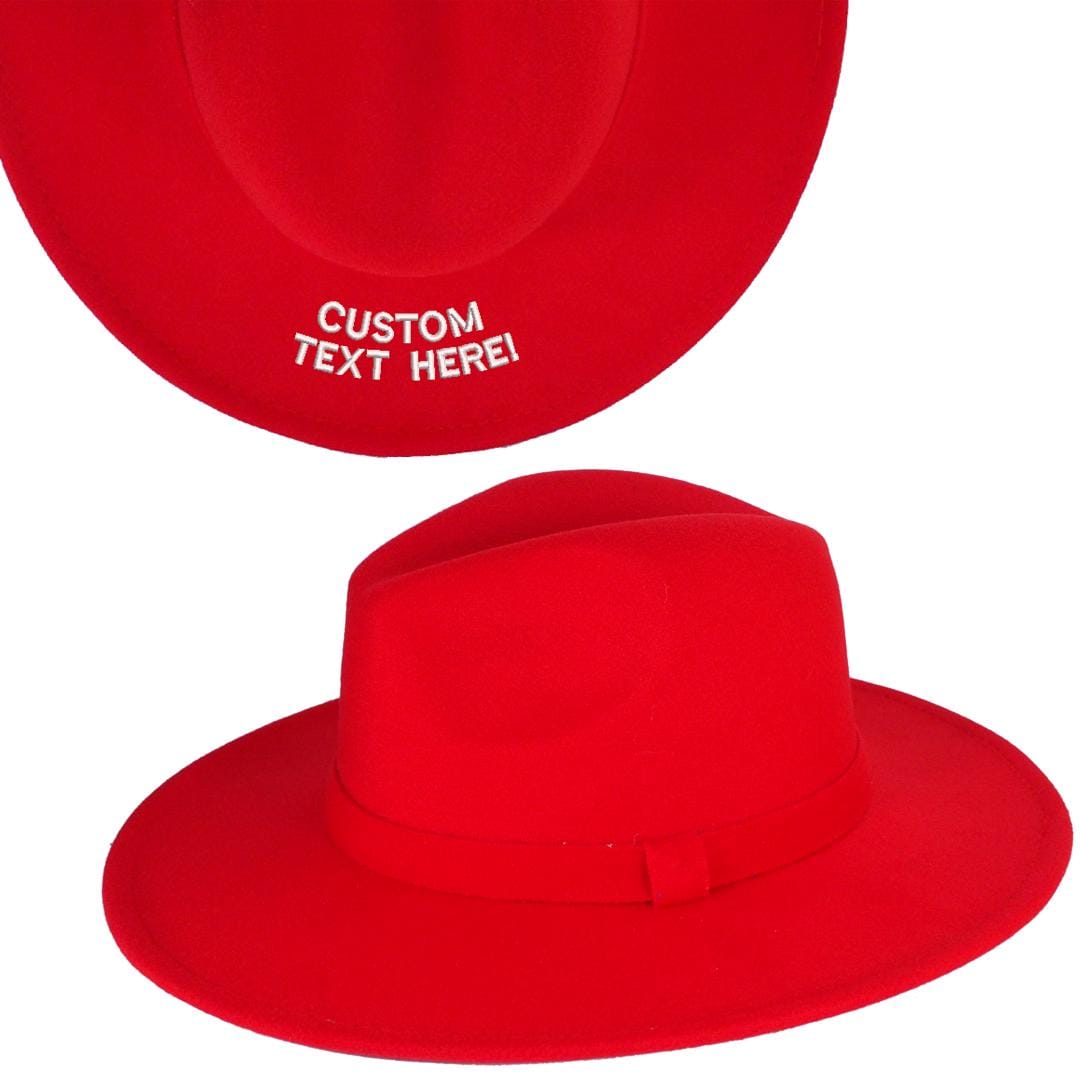 Personalized Text Embroidered Red Fedora Upturn Wide Brim Cotton Blend Felt Hat