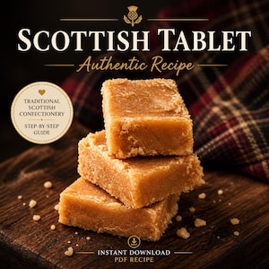 May include: A stack of three square pieces of Scottish tablet candy, a traditional confection. The image features the text "Scottish Tablet Authentic Recipe" and "Traditional Scottish Confectionery Step-by-Step Guide". The candy is light brown and sits on a wooden surface.