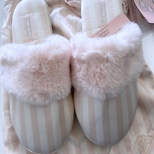 Victoria’s Secret Women’s Pink Stripe Satin Slippers with Embroidered “V” Bag