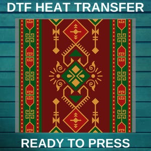May include: DTF heat transfer with a geometric design in red, green, and gold. The design features symmetrical patterns and shapes. The text "READY TO PRESS" is displayed at the bottom of the image.