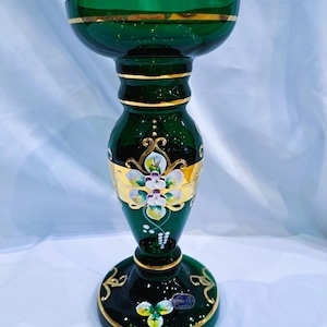 Czech bohemia glass - Green candle holder 23cm/9&quot; decorated gold and enamel