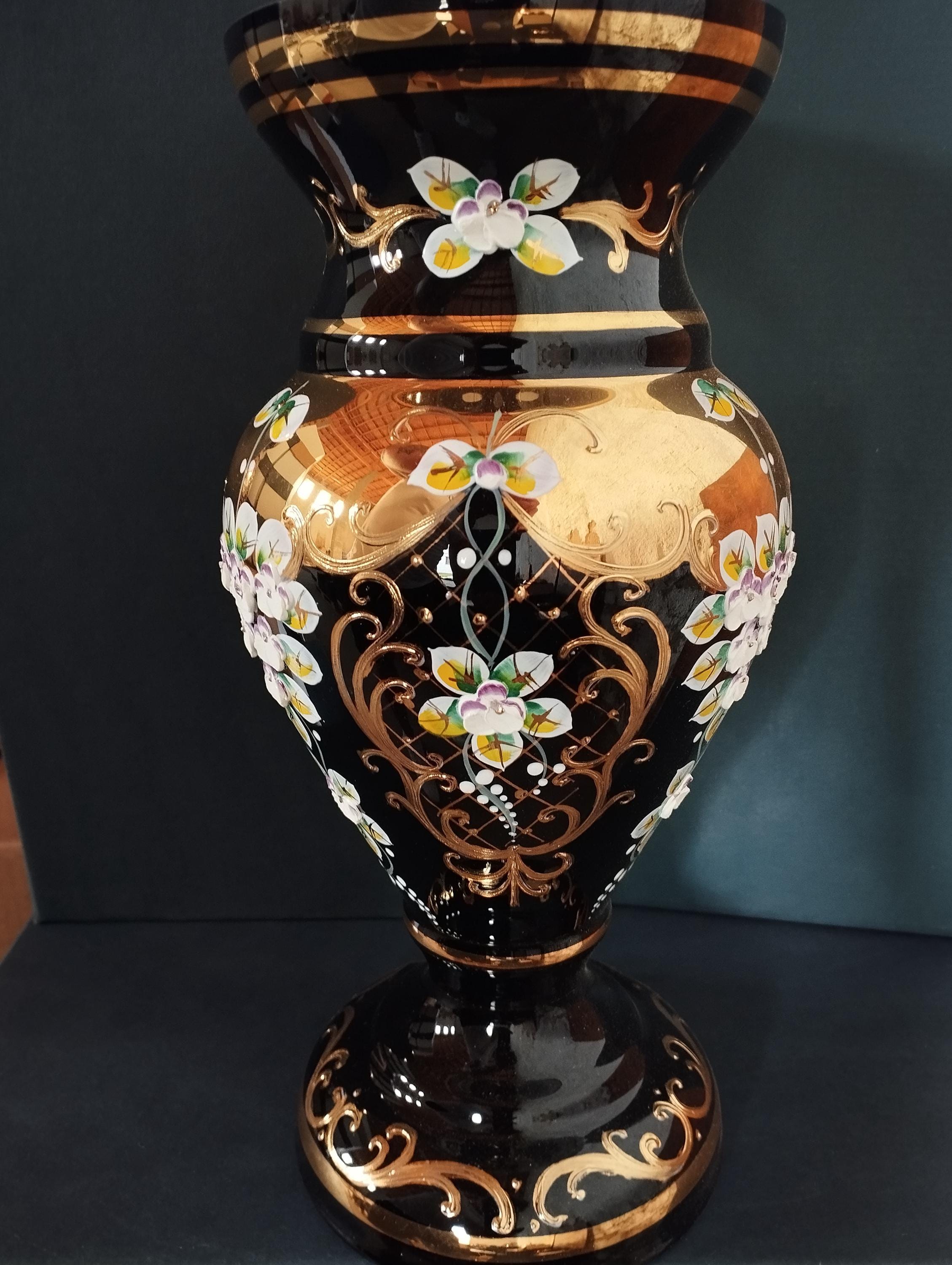 Bohemia Black Glass Vase 31 Cm Decorated Enamel and Gold, 1 Pcs II