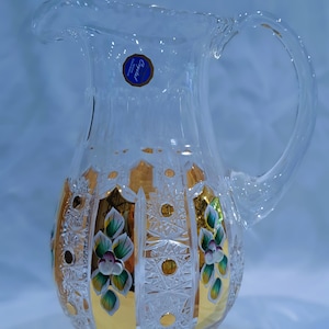 Czech decorative cut glass crystal pitcher 26 cm decorated gold, enamel