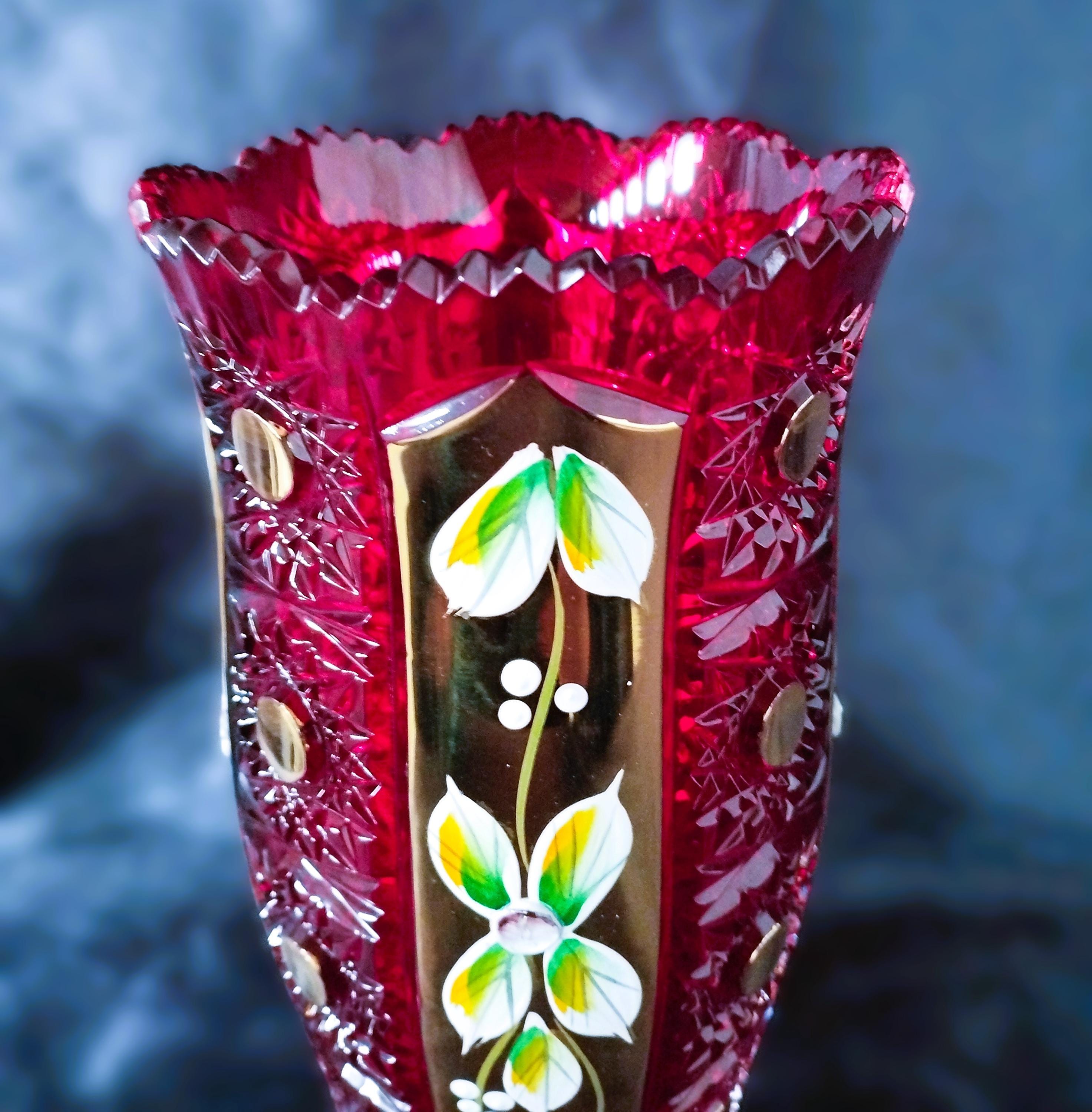 チェコボヘミアクリスタルガラス - カットクリスタルレッド花瓶 21 cm