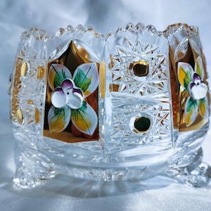 Cuenco de cristal tallado a mano: vidrio bohemio con esmalte dorado, 12 cm